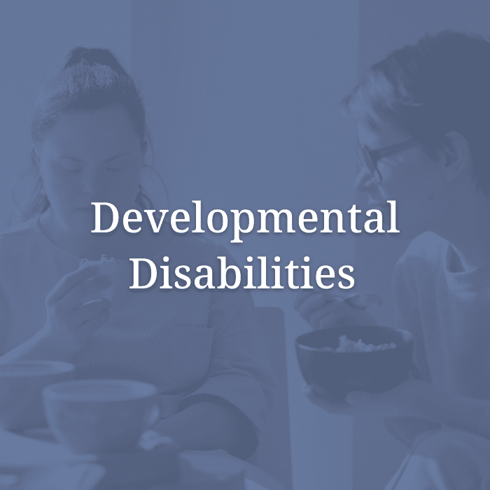 A young woman with developmental disabilities accomplishing an everyday task. "Developmental Disabilities" is overlayed the image.